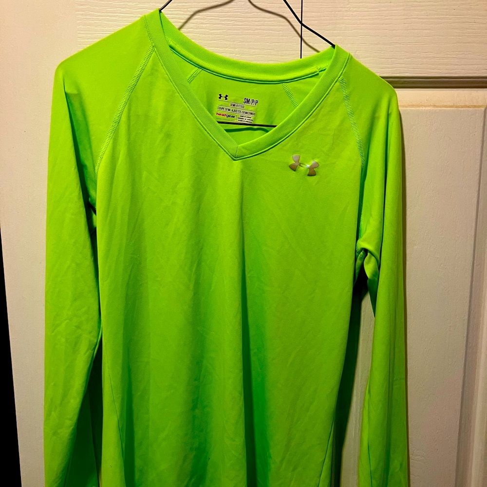 Neon green, semi-fitted, long sleeve Under Armour Heat Gear shirt. Size small